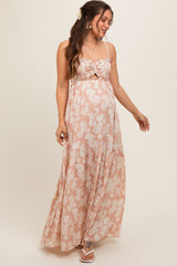 Light Pink Floral Sweetheart Smocked Front Cutout Maternity Maxi Dress