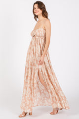 Light Pink Floral Sweetheart Smocked Front Cutout Maxi Dress