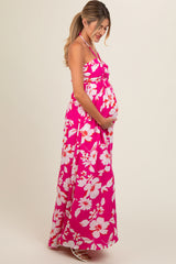 Fuchsia Floral Halter Neck Maternity Maxi Dress