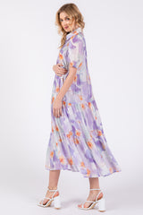 Lavender Floral Button Front Short Sleeve Tiered Midi Dress