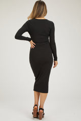 Black Ribbed Long Sleeve Maternity Wrap Dress