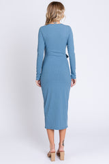 Blue Ribbed Long Sleeve Wrap Dress