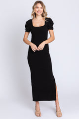 Black Ribbed Square Neck Side Slit Maternity Dress