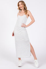 Light Blue Striped Knit Side Slit Sleeveless Midi Dress