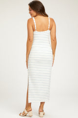 Light Blue Striped Knit Side Slit Sleeveless Maternity Midi Dress