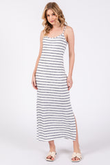 Navy Blue Striped Knit Side Slit Sleeveless Maternity Midi Dress