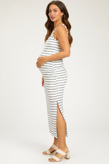 Navy Blue Striped Knit Side Slit Sleeveless Maternity Midi Dress