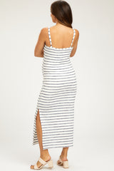 Navy Blue Striped Knit Side Slit Sleeveless Maternity Midi Dress