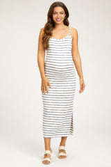 Navy Blue Striped Knit Side Slit Sleeveless Maternity Midi Dress