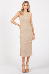 Taupe Sleeveless Ribbed Ruched Maternity Dress