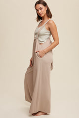 Beige Ribbed Drawstring Wide Leg Jumpsuit