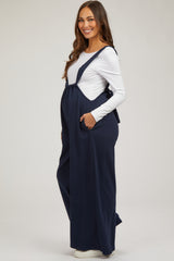 Navy Ribbed Drawstring Wide Leg Maternity Jumpsuit