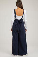 Navy Ribbed Drawstring Wide Leg Maternity Jumpsuit