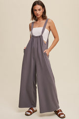 Navy Ribbed Drawstring Wide Leg Jumpsuit