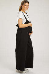 Black Ribbed Drawstring Wide Leg Maternity Jumpsuit