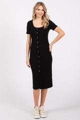 Black Ribbed Front Button Accent Short Sleeve Maternity Midi Dress