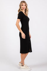 Black Ribbed Front Button Accent Short Sleeve Midi Dress