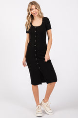 Black Ribbed Front Button Accent Short Sleeve Midi Dress