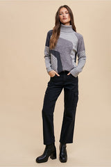 Grey Combo Turtleneck Multi Pattern Mixed Sweater Top