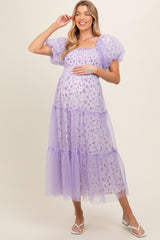 Lavender Floral Lined Smocked Tulle Maternity Midi Dress