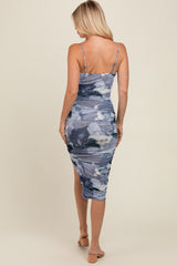 Blue Grey Abstract Print Fitted Dress