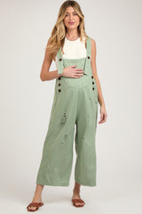 Light Olive Side Button Distressed Maternity Overalls