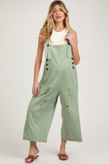 Light Olive Side Button Distressed Maternity Overalls