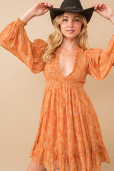 Orange Floral Smocked Long Sleeve Dress