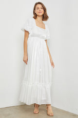 White Iridescent Textured Puff Sleeve Midi Dress