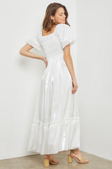 White Iridescent Textured Puff Sleeve Midi Dress