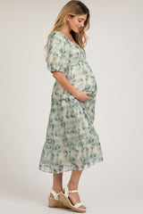 Green Watercolor Floral Maternity Midi Dress