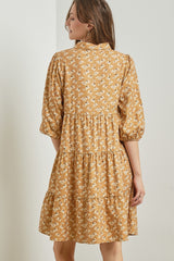 Camel Floral Button Front 3/4 Sleeve Dress