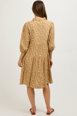 Camel Floral Button Front 3/4 Sleeve Maternity Dress