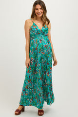 Teal Floral Pleated Ruched Front Maternity Midi Dress