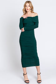 Forest Green Off Shoulder Mesh Ruched Midi Dress