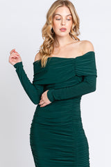 Forest Green Off Shoulder Mesh Ruched Midi Dress