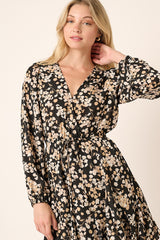 Black Flower Print Surplice Godet Detail Mini Dress