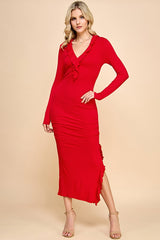 Red Ruffle Ruched Long Sleeve Maternity Maxi Dress