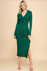 Forest Green Ruffle Ruched Long Sleeve Maternity Maxi Dress