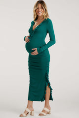 Forest Green Ruffle Ruched Long Sleeve Maternity Maxi Dress