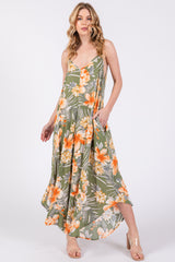 Light Olive Floral Cross Back Maternity Midi Dress