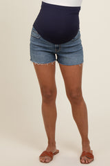 Blue Cut Hem Maternity Denim Shorts