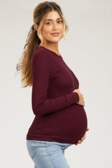 Burgundy Waffle Knit Basic Long Sleeve Maternity Top