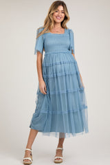 Blue Ruffled Mesh Maternity Maxi Dress