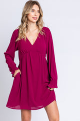 Magenta V-Neck Long Sleeve Dress