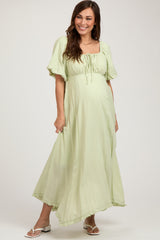 Light Olive Front Tie Puff Sleeve Maternity Maxi Dress