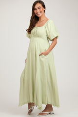 Light Olive Front Tie Puff Sleeve Maternity Maxi Dress