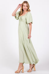 Light Olive Front Tie Puff Sleeve Maxi Dress