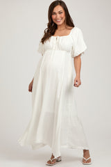 White Front Tie Puff Sleeve Maternity Maxi Dress