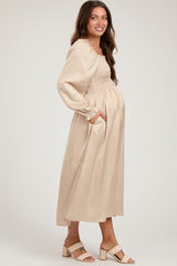 Beige Smocked Square Neck Satin Maternity Midi Dress